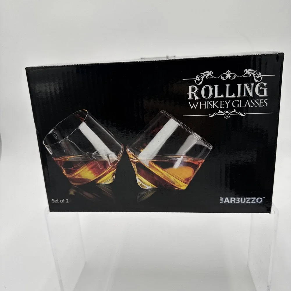 Hand Blown‎ Rolling Whiskey Glass Set Of Two 2 Glasses Barbuzzo Wolf Etched